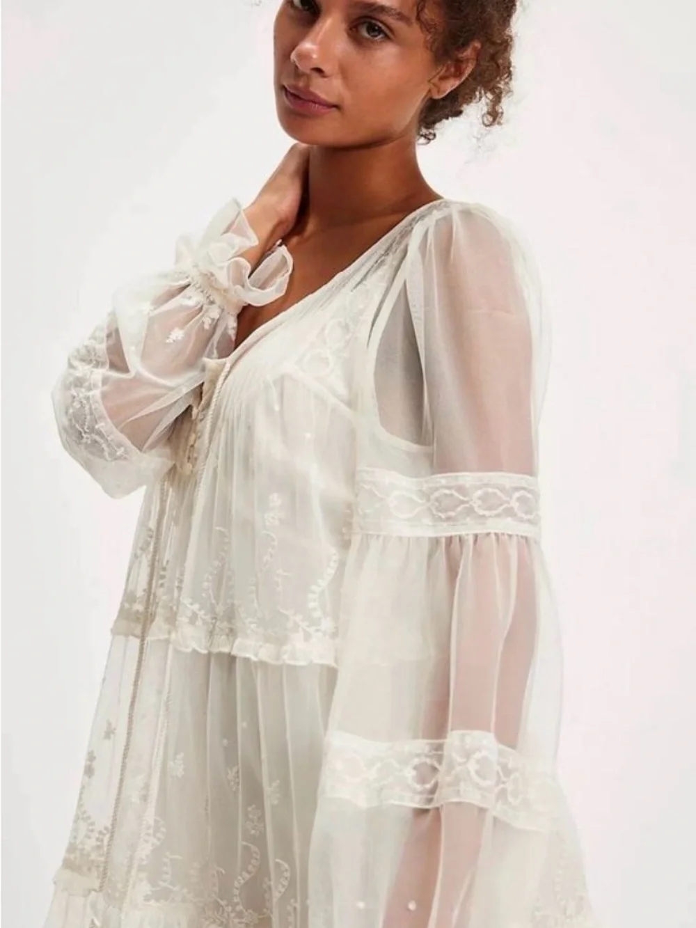 Free People Stevie Embroidered Sheer Mesh Maxi Dress Size Small Ivory